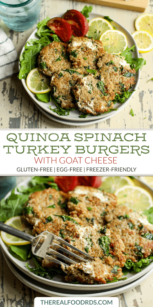 Pinterest image for Quinoa Spinach Turkey Burgers with Goat Cheese