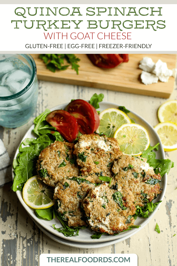 Pinterest image for Quinoa Spinach Turkey Burgers with Goat Cheese