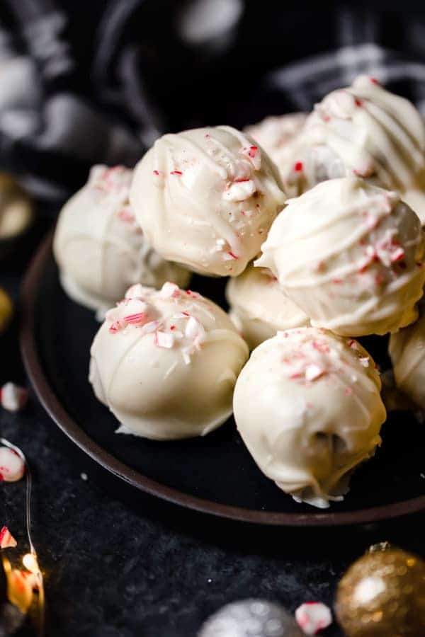 Peppermint Brownie Batter Truffles on a brown platter