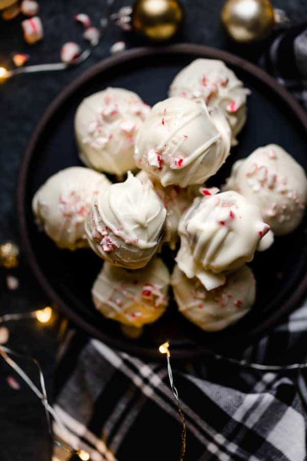 Overhead view of Peppermint Brownie Batter Truffles on a brown platter