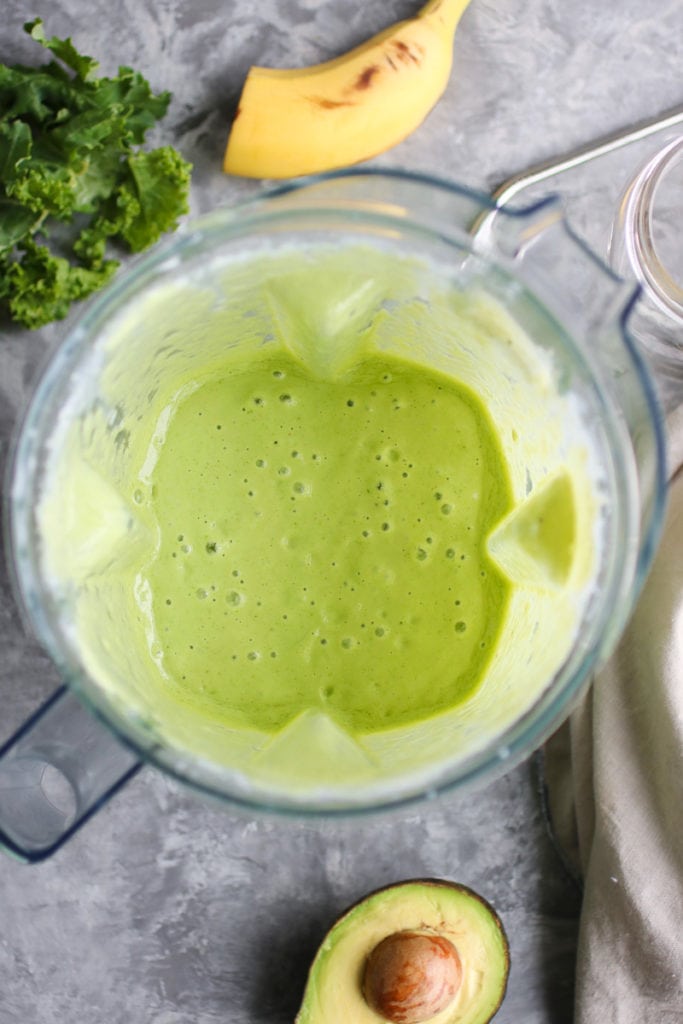 Five-Ingredient Go-to Green Smoothie aerial view of smoothie blended in blender