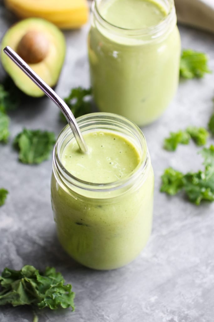 Green smoothie in a mason jar.