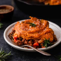 Shepherd's pie topped with sweet potatoes plated and ready to serve