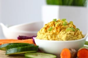 A recipe inspired by a favorite curry flavored hummus. This Cauliflower Curry Hummus is bean-free, whole-30 friendly and perfect for dipping veggies into. | Paleo | Whole 30 | Vegan | Grain-free | http://simplynourishedrecipes.com/cauliflower-curry-hummus/