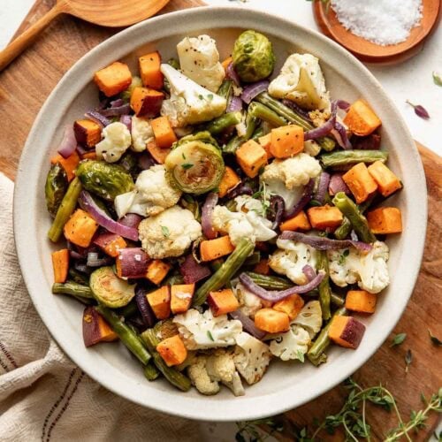 A bowl of roasted vegetables.