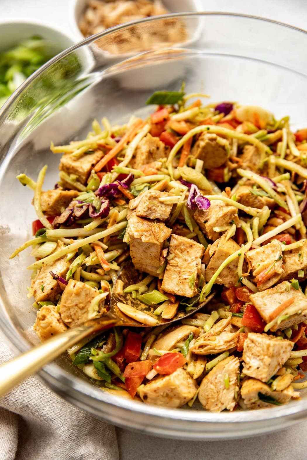 Close up view of a bowl of Asian inspired chicken salad with a spoon in it. 