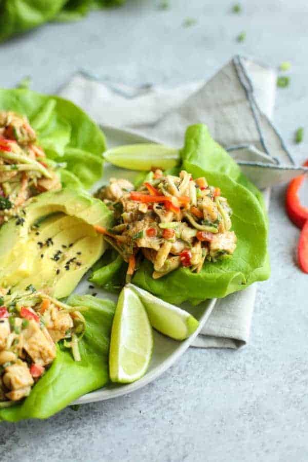 Asian Chicken Salad Lettuce Wraps on a white plate