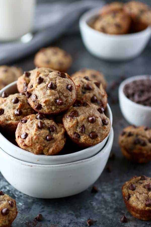 Grain-Free Banana Chocolate Chip Mini Muffins in a white bowl