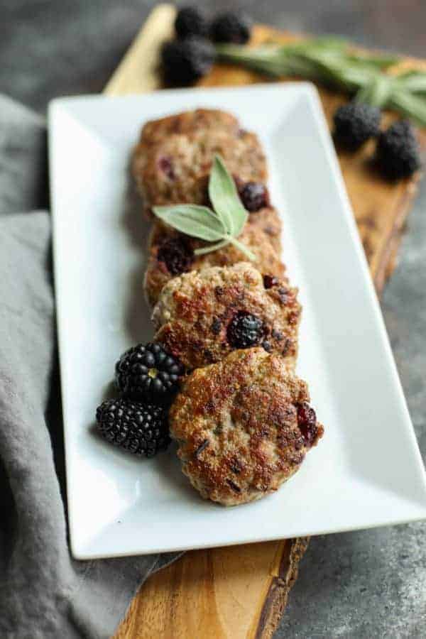 Blackberry Sage Breakfast Sausage on a white plate