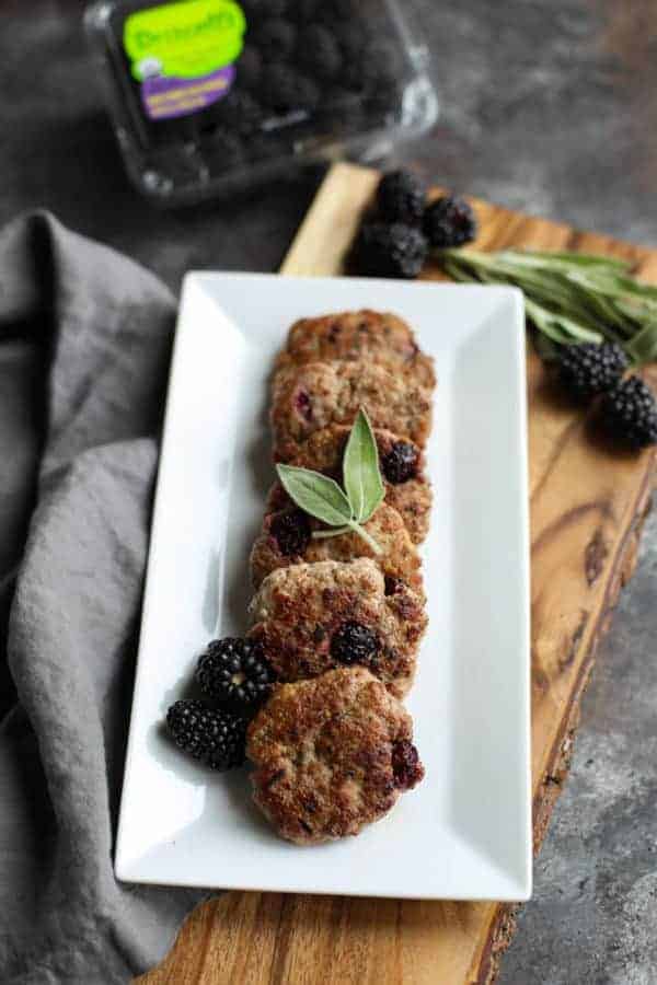 Blackberry Sage Breakfast Sausage on a white plate