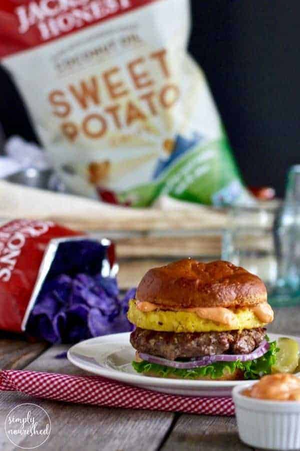 Bison Burger with Grilled Pineapple and Sriracha Aioli | Gluten-free, Dairy-free plus Egg-free and Paleo options | https://simpynourishedrecipes.com/bison-burger-pineapple-sriracha-aioli/