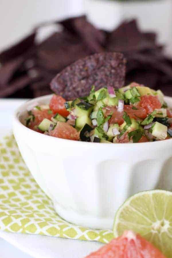 Grapefruit Avocado Salsa in a white bowl