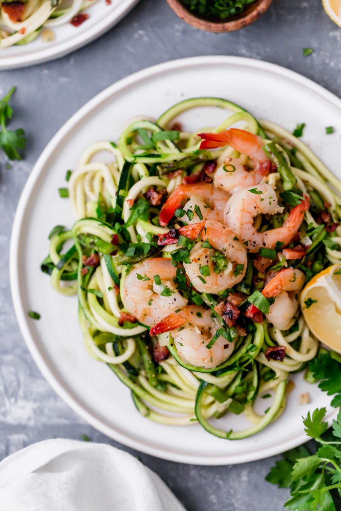 Zucchini Noodles with Shrimp on white plate