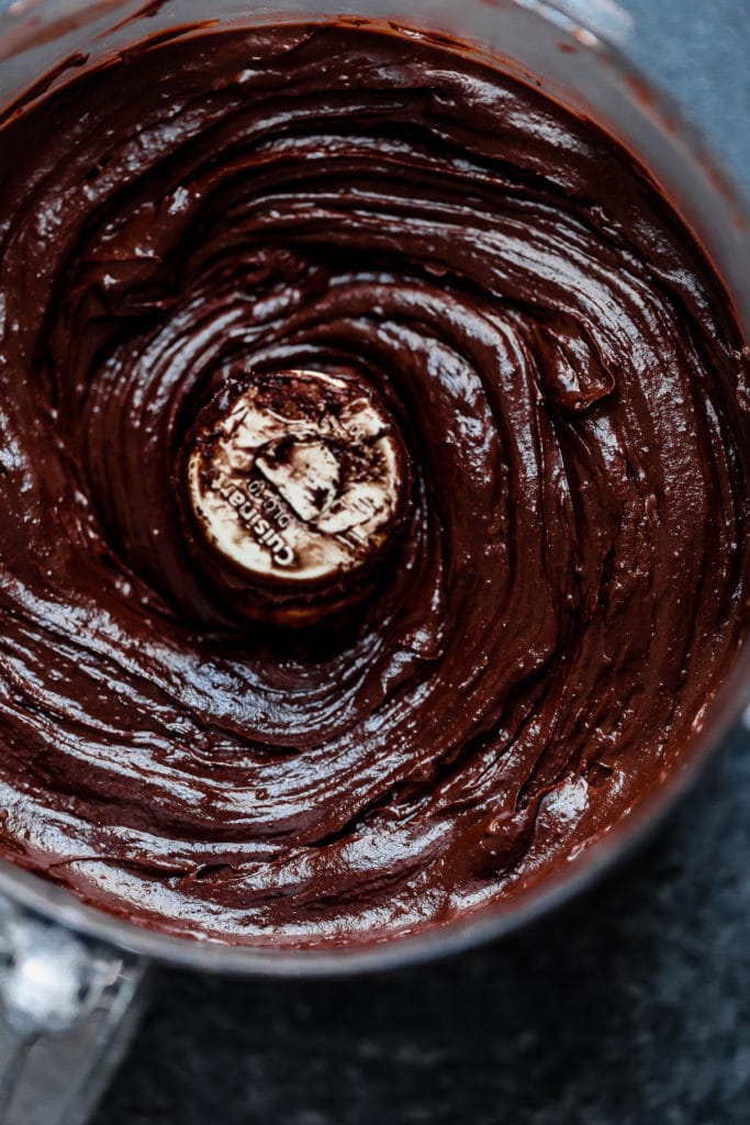 Creamy chocolate avocado dipping sauce in food processor