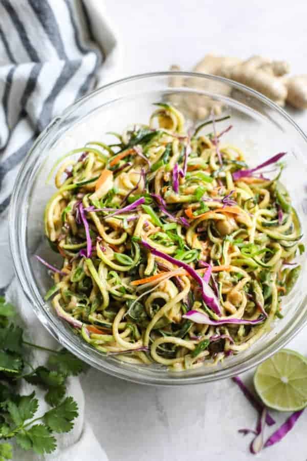 Spicy Asian Zucchini Noodles in a glass bowl