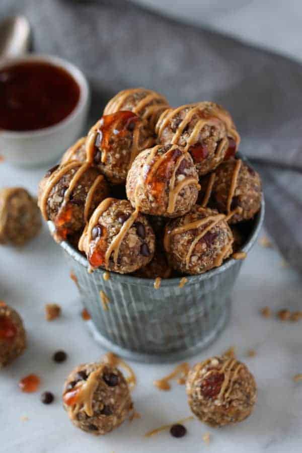 4-Ingredient PB & J Bites in a gray bucket