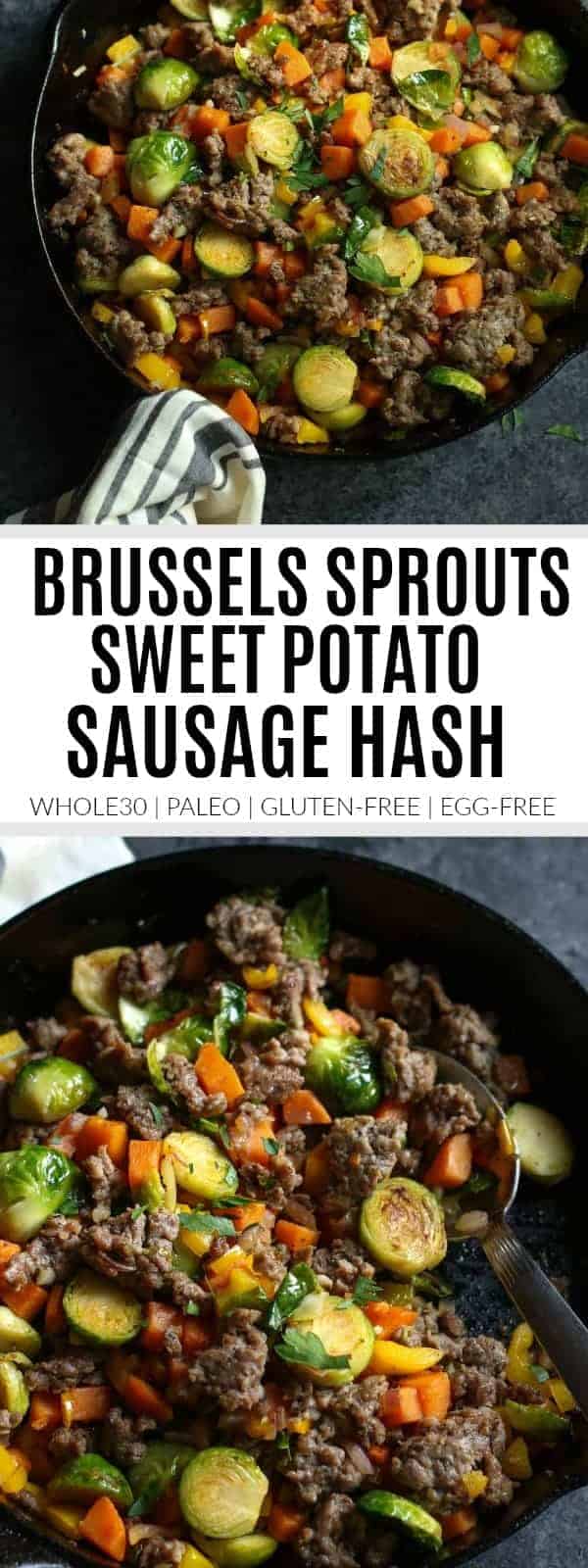 pinterest image for Brussels sprouts sweet potato sausage hash
