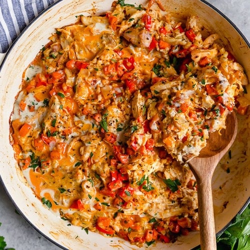 Overhead view white pan creamy buffalo chicken casserole