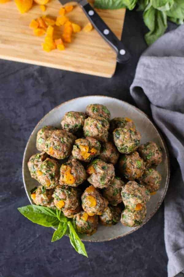 Apricot-Basil Breakfast Meatballs in a white bowl