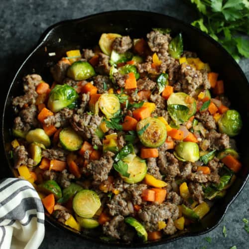 Brussels Sprouts Sweet Potato Hash | The Real Food Dietitians | brussels-sprouts-sweet-potato-sausage-hash