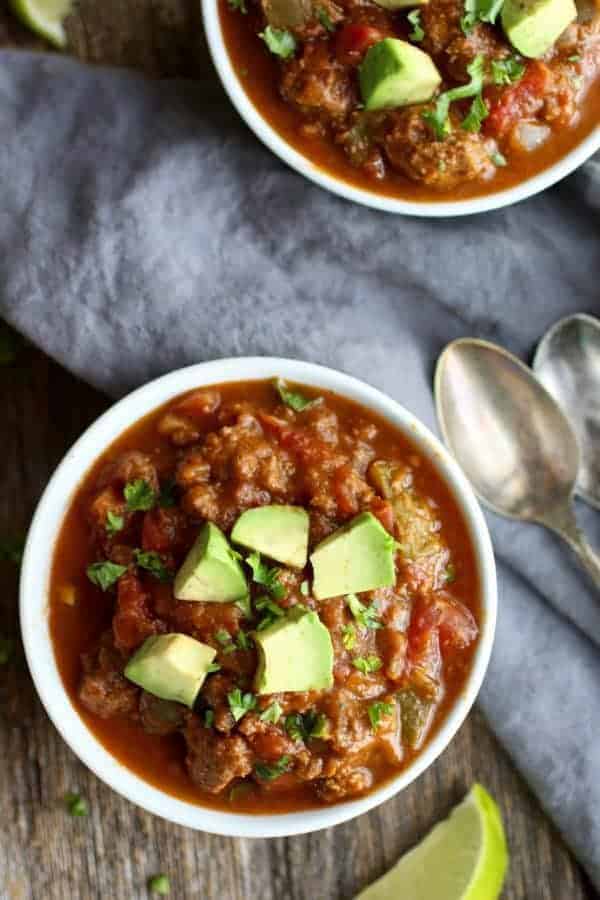 Slow Cooker Pumpkin Chili from The Real Food Dietitians | 30 Whole30 Soups, Stews & Chilis | healthy soup recipes | whole30 meal ideas | whole30 recipes | whole30 chili recipes || The Real Food Dietitians #whole30soups #whole30recipe #whole30meals