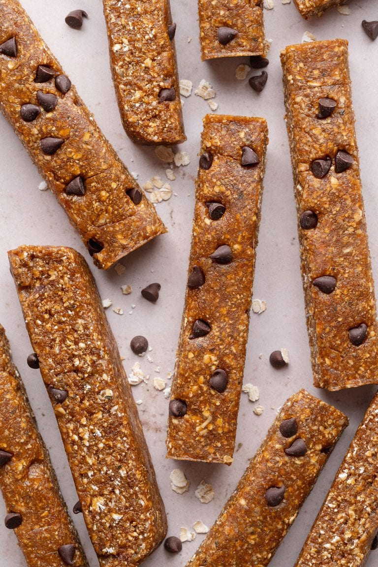 Pumpkin protein bars with chocolate chips.