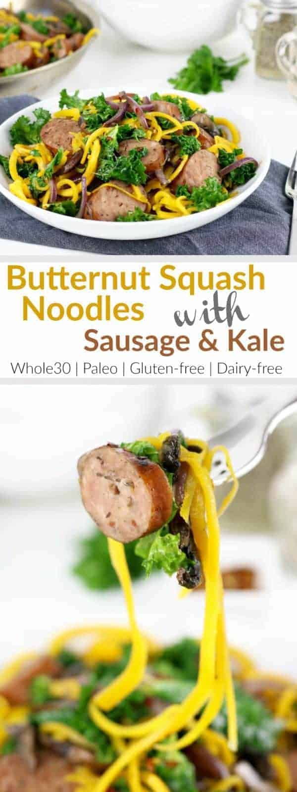 We’re about to steal your comfort food-loving heart with these one-dish Butternut Squash Noodles with Sausage and Kale | Whole30 | Paleo | Gluten-free | Grain-free | therealfoodrds.com