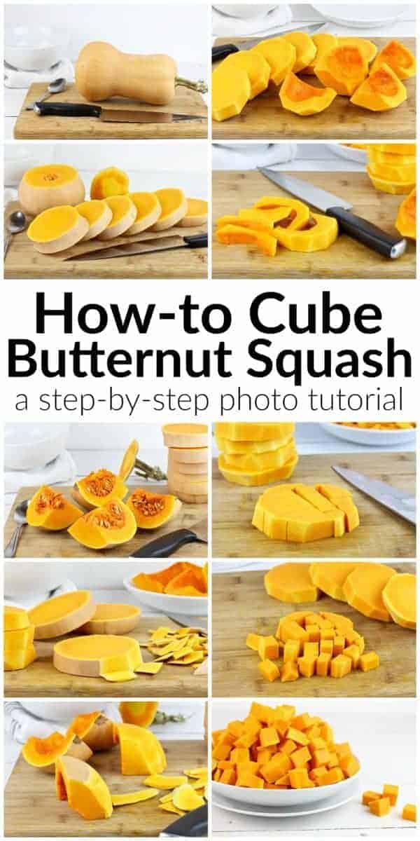 A step-by-step photo tutorial on How-to Cube Butternut Squash | How-to Cube Butternut Squash | how to cut butternut squash | how to peel a butternut squash | butternut squash tips | kitchen hacks || The Real Food Dietitians #butternutsquash #kitchenhacks