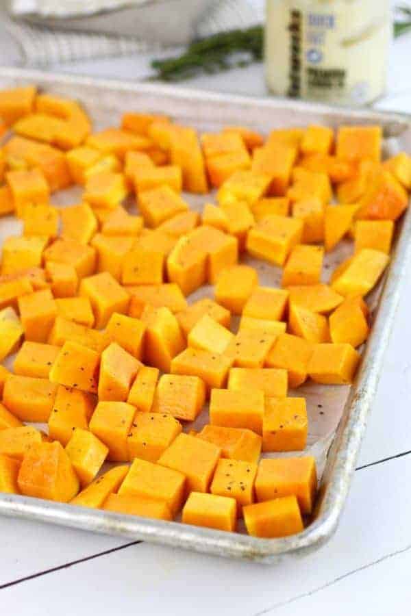 Butternut Squash Home Fries on a baking sheet