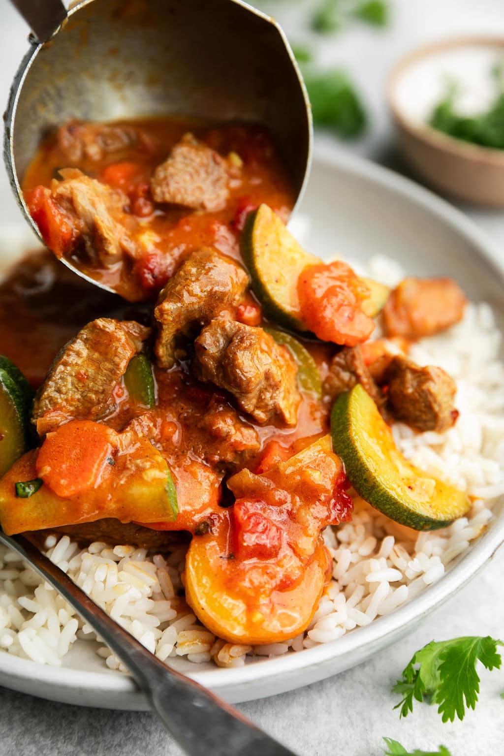 Instant Pot Lamb Curry being ladled into bowl over jasmine rice