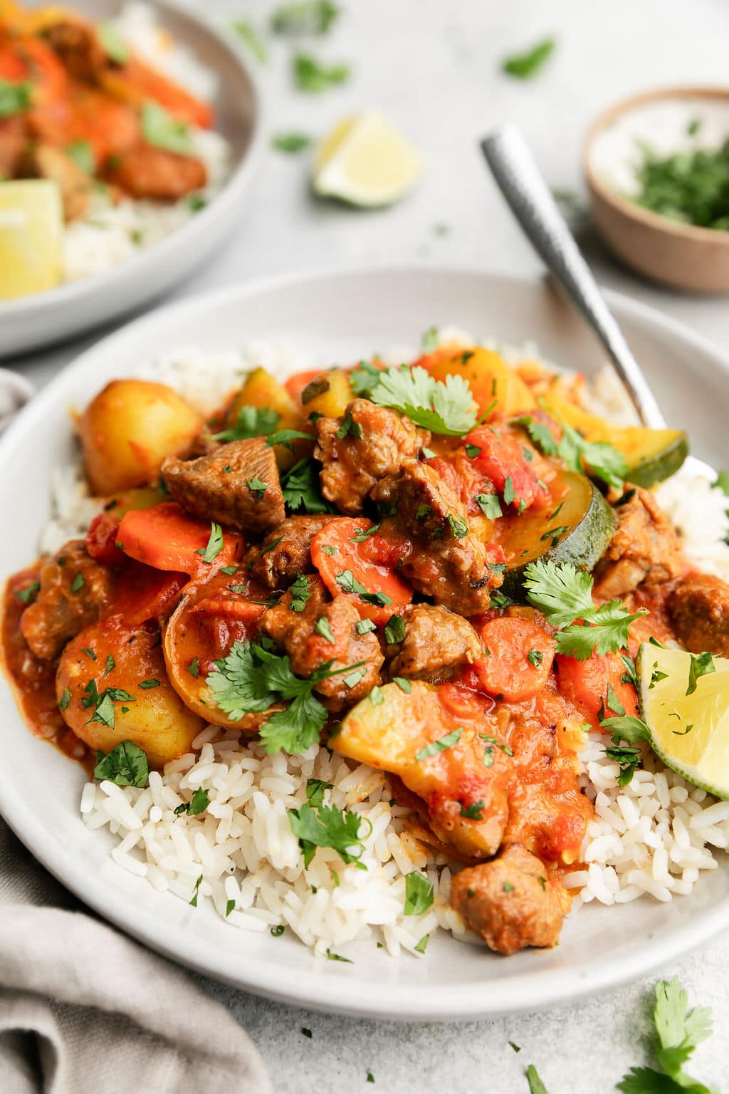 Lamb Curry with vegetables served over jasmine rice in white bowl