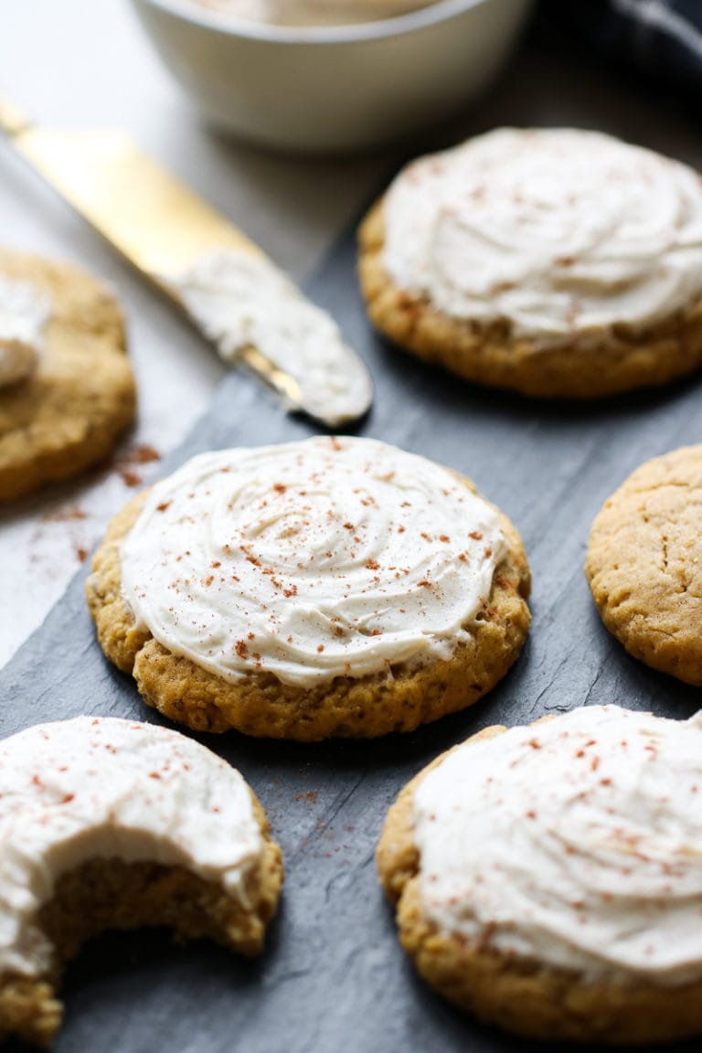 Soft pumpkin cookies with cream cheese frosting filled with the perfect amount of pumpkin and spice. 