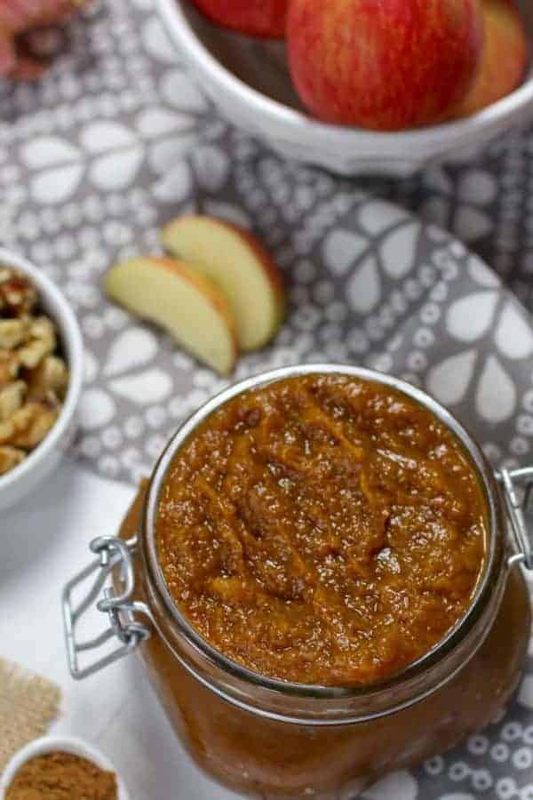 aerial view of Slow Cooker Pumpkin Applesauce in a mason jar