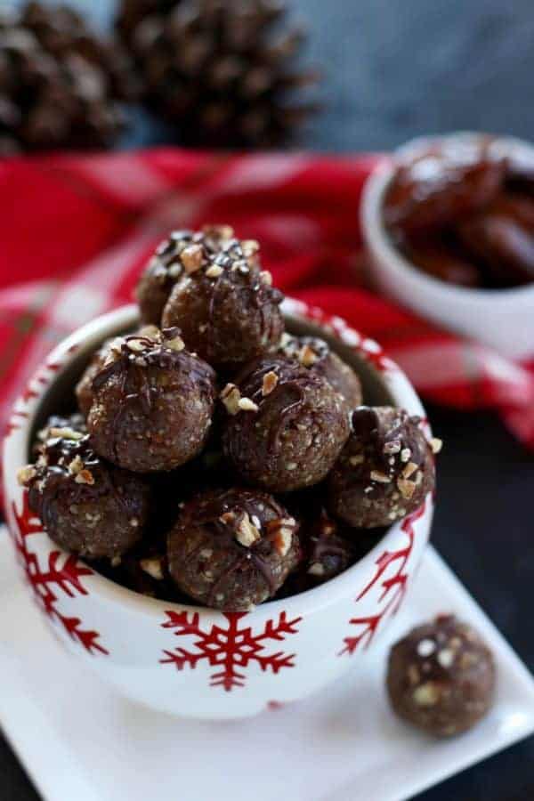 Pecan Pie Truffles in a white and red bowl 
