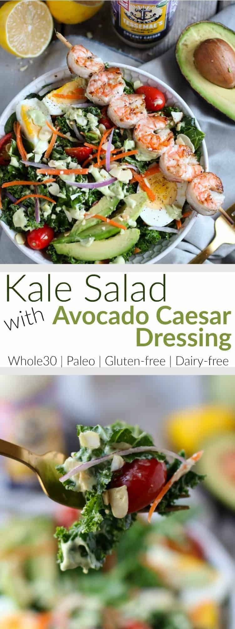 Kale Salad with Avocado Caesar Dressing | The classic Caesar Salad gets a healthy makeover in this Whole30-friendly version made with kale, fresh veggies and hard-boiled egg | therealfoodrds.com