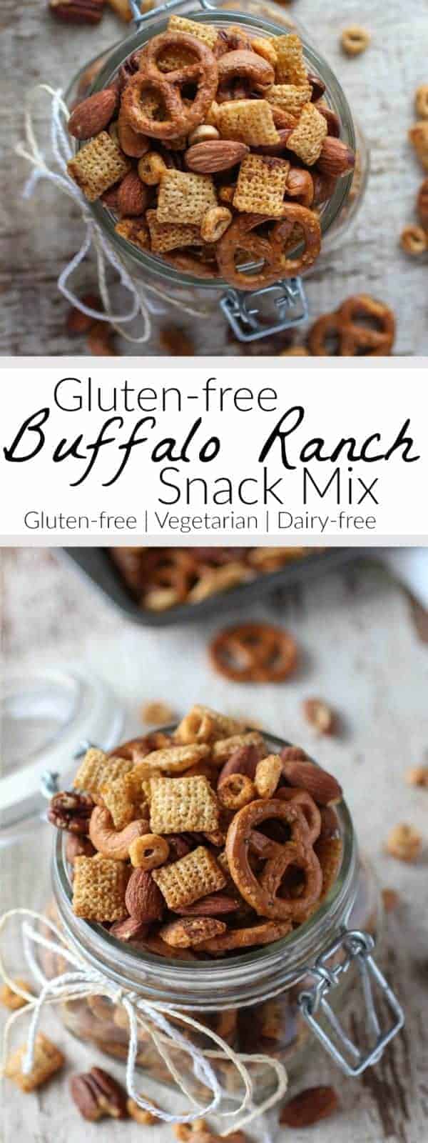 Gluten-free Buffalo Raach Snack Mix is made delicious with a blend of gluten-free cereals, gluten-free pretzels, mixed nuts, ghee, ranch seasonings and buffalo wing sauce. Perfect for parties, picnics and get togethers. Gluten-free | Dairy-free | therealfoodrds.com