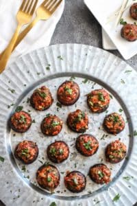 Chorizo Stuffed Mushrooms | whole30 appetizers | paleo appetizers | gluten-free appetizers | egg-free appetizers | healthy appetizer recipes | easy appetizer recipes || The Real Food Dietitians #healthyappetizers #whole30appetizers #glutenfreeappetizers