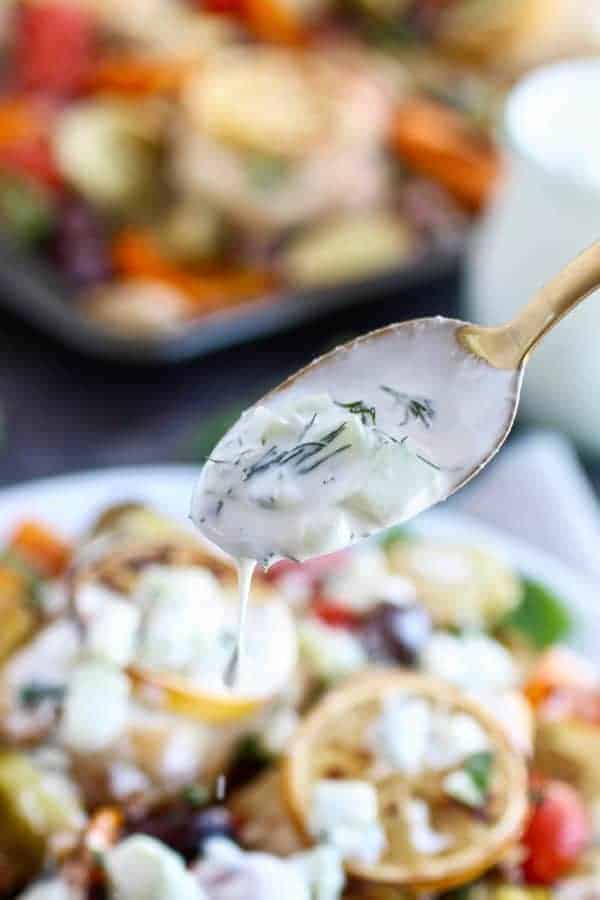 Paleo Tzatziki Sauce is dairy-free, Whole30-friendly and vegan-optional. | whole30 sauce recipes | dairy free dips | vegan dip recipe | paleo dip recipes | homemade tzatziki sauce | healthy tzatziki sauce || The Real Food Dietitians #whole30recipe #whole30approved #tzatzikisauce