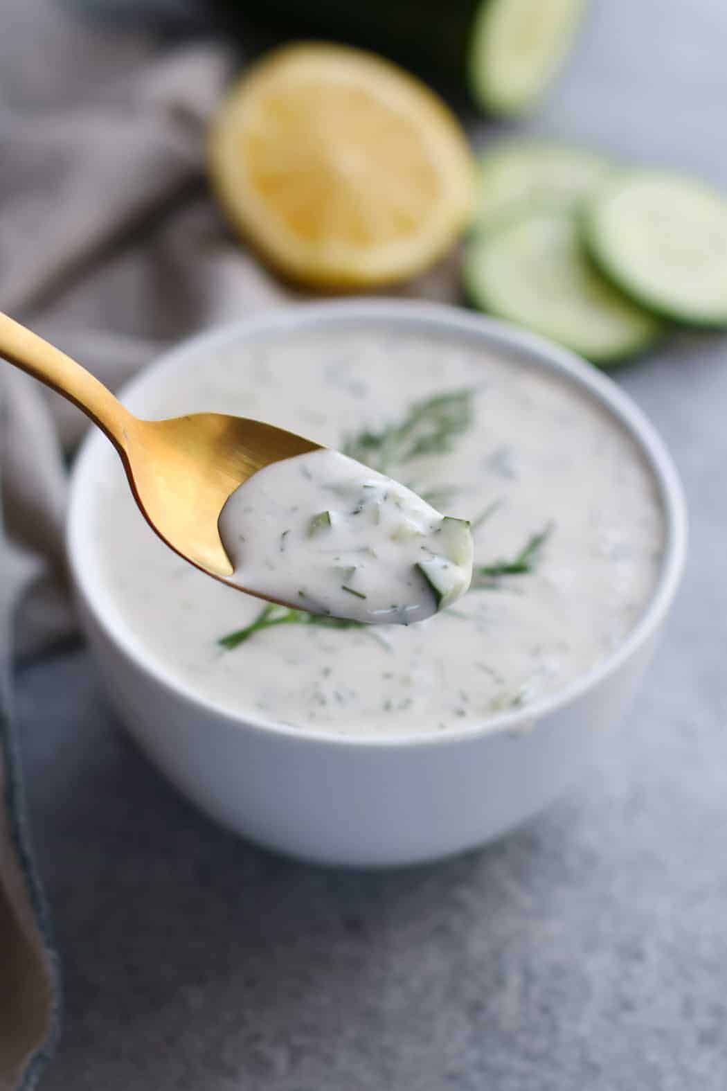 Paleo Tzatziki Sauce is dairy-free, Whole30-friendly and vegan-optional. | whole30 sauce recipes | dairy free dips | vegan dip recipe | paleo dip recipes | homemade tzatziki sauce | healthy tzatziki sauce || The Real Food Dietitians #whole30recipe #whole30approved #tzatzikisauce