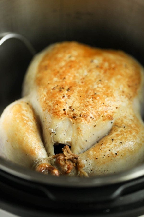 A close-up of a whole chicken with a beautifully browned skin inside of an Instant Pot before cooking under high-pressure. 