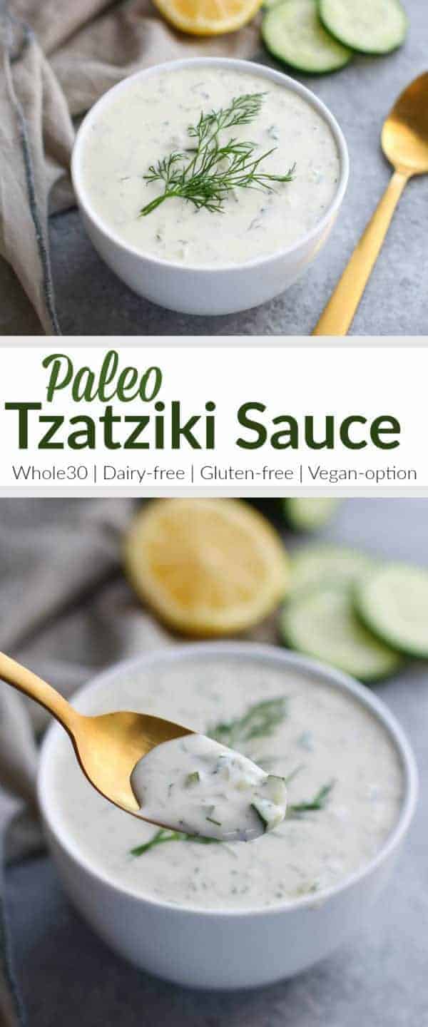 Paleo Tzatziki Sauce is dairy-free, Whole30-friendly and vegan-optional. | whole30 sauce recipes | dairy free dips | vegan dip recipe | paleo dip recipes | homemade tzatziki sauce | healthy tzatziki sauce || The Real Food Dietitians #whole30recipe #whole30approved #tzatzikisauce