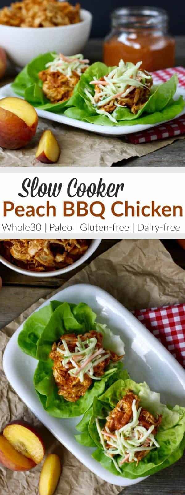 Get the flavor of a summertime barbecue from your slow cooker with this easy Slow Cooker Peach BBQ Chicken | Whole30 chicken recipes | Paleo chicken recipes | Grain-free chicken recipes | Gluten-free chicken recipes | Dairy-free chicken recipes | Whole30 slow cooker recipes | whole30 dinner recipes || The Real Food Dietitians #whole30dinner #healthyslowcooker #easydinners