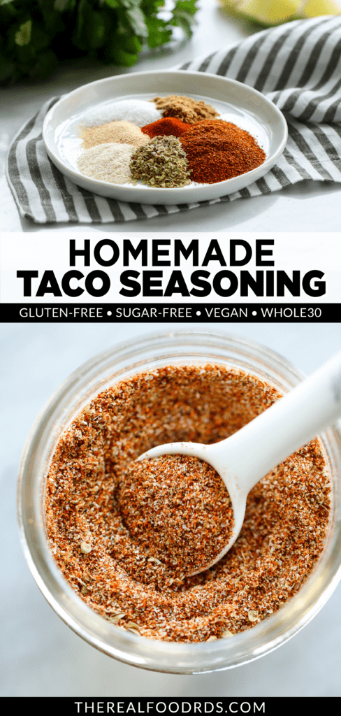 Homemade Taco Seasoning displayed on a white shallow plate and mixed together in a small jar.