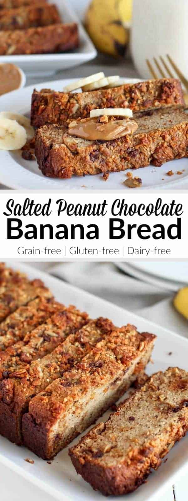 Grain-free Salted Peanut Chocolate Banana Bread: One simple addition turns a classic banana bread into something even more delicious! With only 7 grams of sugar per serving it's healthy enough to enjoy as part of your breakfast yet still decadent enough to serve at a special gathering with friends and/or family. | Grain-free | Gluten-free | Dairy-free | therealfoodrds.com
