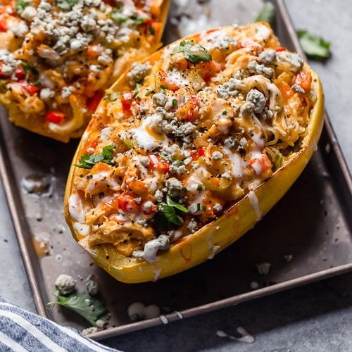 Buffalo Chicken Stuffed Spaghetti Squash The Real Food Dietitians