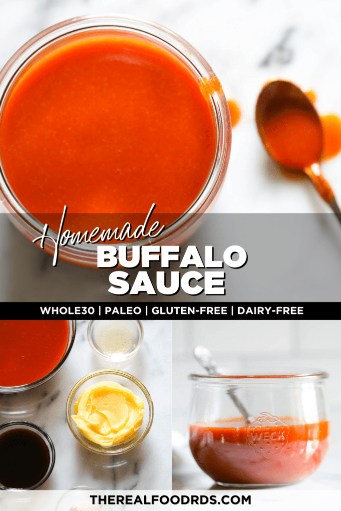 Three images of homemade buffalo sauce; all ingredients for buffalo sauce, buffalo sauce in a Weck jar, overhead view of vibrant orange/red buffalo sauce