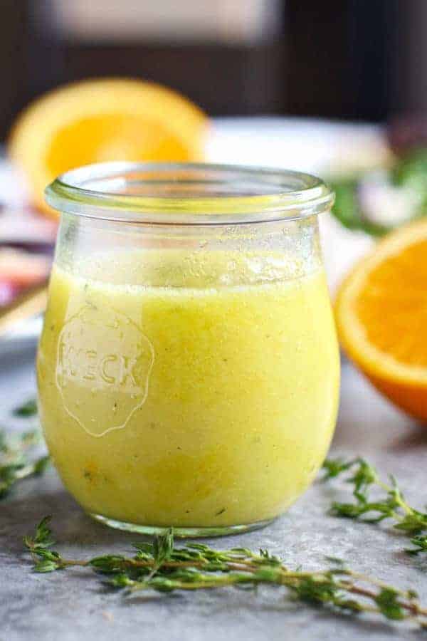 Citrus Vinaigrette with Thyme in a glass jar