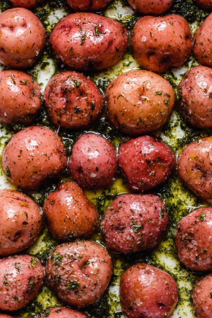 Close up view baby red potato halves coated in herb mixture, placed cut-side down for roasting.