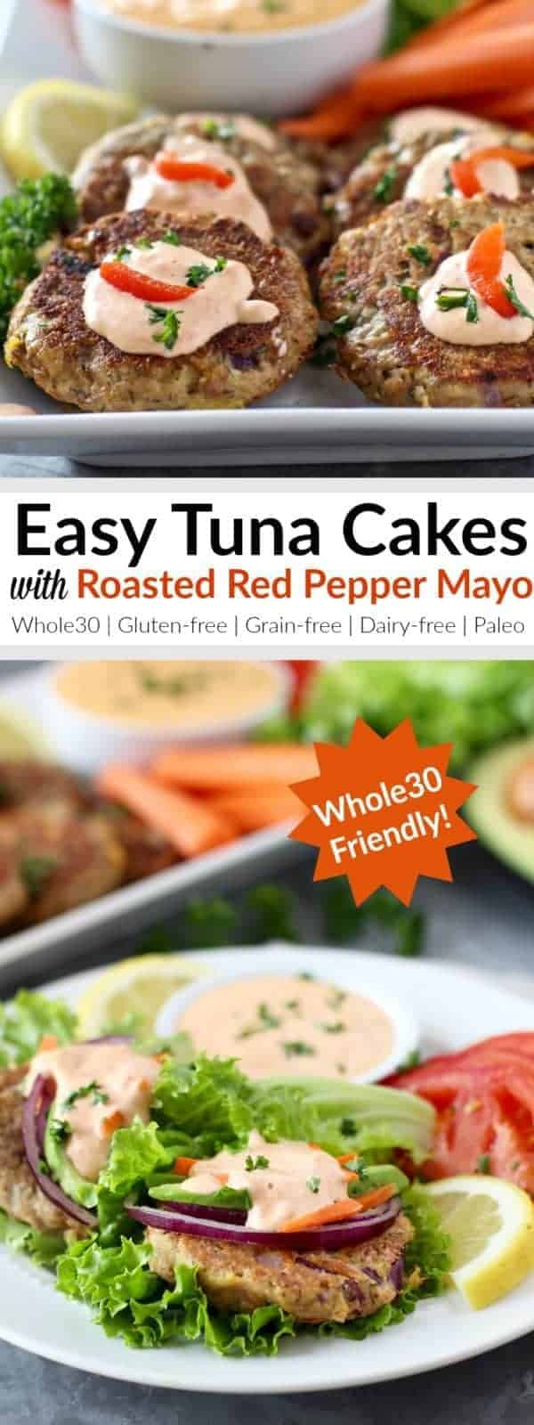 pinterest image for Easy Tuna Cakes with Roasted Red Pepper Mayo