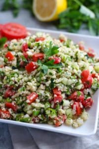  Cauliflower Tabbouleh Salad on a white plate